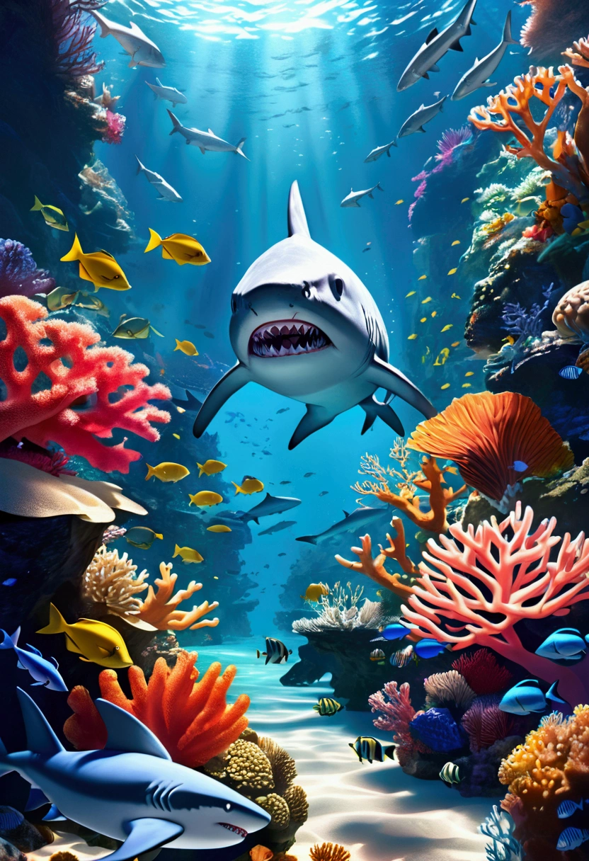 Beautiful girl with shark-like features, Sparkling blue eyes, Sharp teeth, Scaly skin, Floating in a fantastic underwater landscape with kelp, Coral, School of tropical fish, Detailed and realistic 3D rendering, Cinema Lighting, Vibrant colors, Concept Art Style