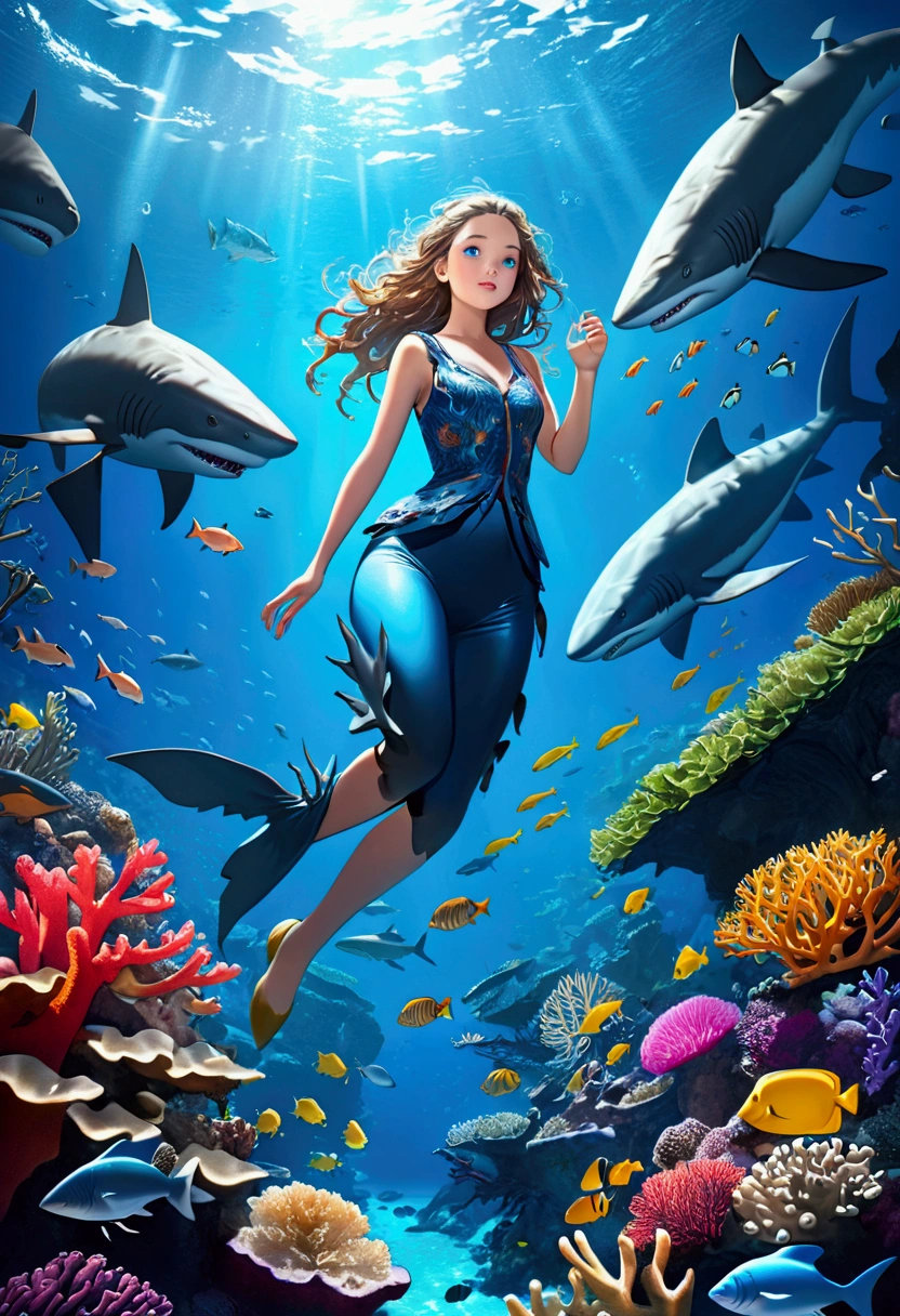 Beautiful girl with shark-like features, Sparkling blue eyes, Sharp teeth, Scaly skin, Floating in a fantastic underwater landscape with kelp, Coral, School of tropical fish, Detailed and realistic 3D rendering, Cinema Lighting, Vibrant colors, Concept Art Style