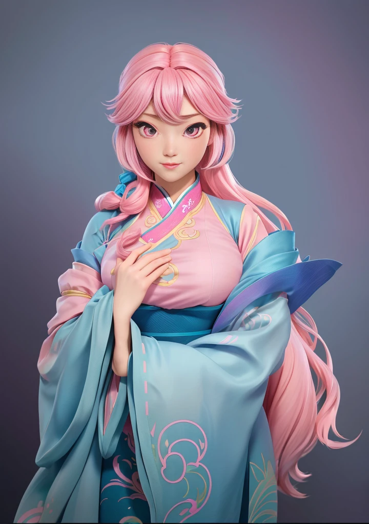 Image of a woman with pink hair and a blue dress, Attractive anime girl, OPPEIN, Real person style,Pink Eyes,Pink long hair,Hanfu,antiquity,Chinese style,,big ,huge ,sexy body,cute,Cute style,High-quality works