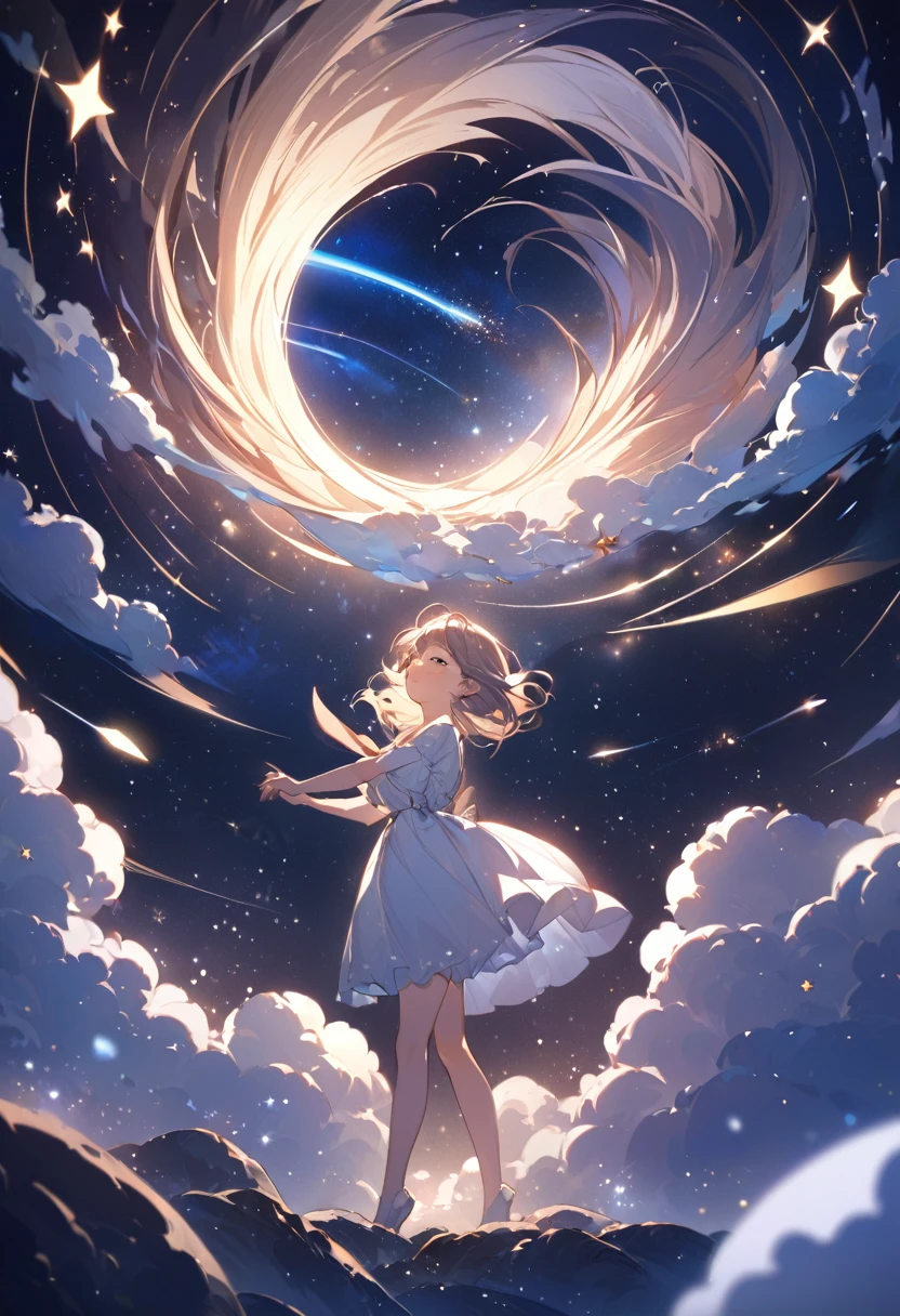 Attention to detail, Super Detail, Ultra-high resolution, A girl having a good time in a dream galaxy, Surrounded by stars, The warm light that shines on her, The background is a starry sky with a meteor shower and the Milky Way., The stars fly around her, Delicate face, Add a playful touch , 