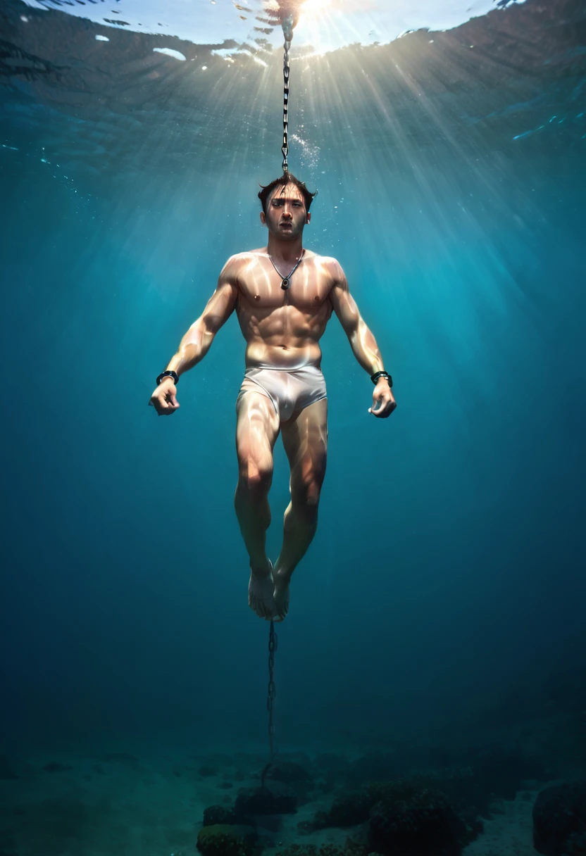 nsfw,nude,gay,bara,erotic photo,ultrares,4K,naked ultraman taro in white trunks chained to a rope, suspended underwater, helpless,dark eyes,black eyes,in the sea, under water, under water swimming, in the ocean, wearing chains, coming out of the ocean, underwater, the the man is wrapped in chains, swimming deep underwater, submerged underwater, in the water, speedo,Shot from the bottom