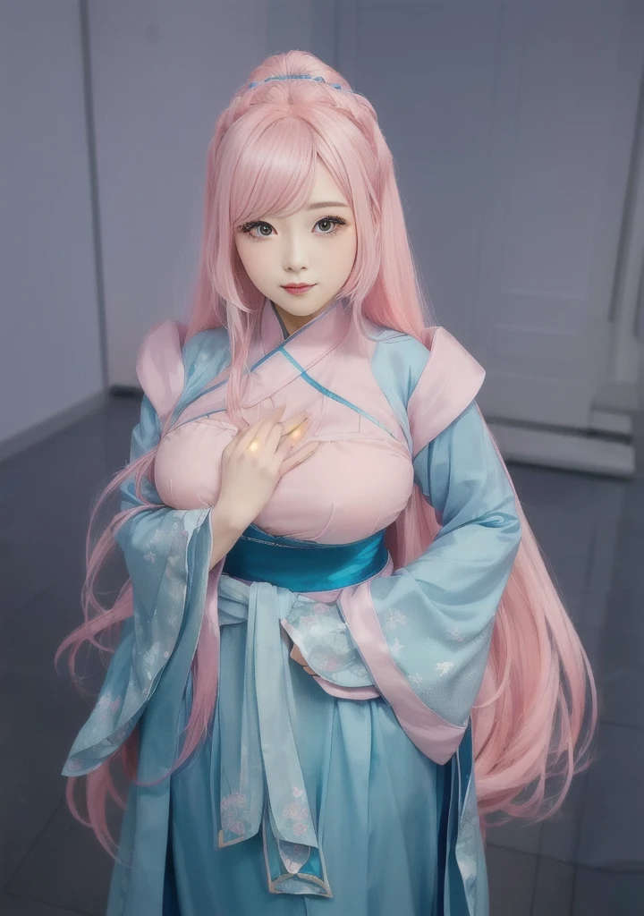 Image of a woman with pink hair and a blue dress, Attractive anime girl, OPPEIN, Real person style，Pink Eyes，Pink long hair，Hanfu，antiquity，Chinese style，，big ，huge ，sexy body，cute，Cute style，High-quality works