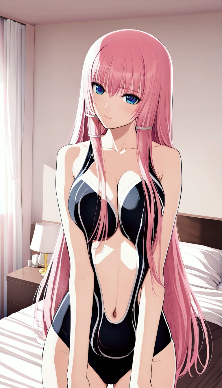 masterpiece ,Megurine Luka,E cup breasts,Pink long hair,blue eyes,Black competitive swimsuit,smile,Bedroom,