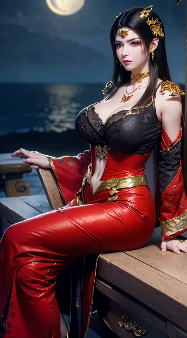 1 extremely beautiful queen, ((wearing traditional red hanfu with thin black patterns:1.6)), (((Patterns on clothes:1.6))), ((long black hair:1.6 )), elaborately crafted jewelry from precious stones and beautiful hair, (((wearing a 24k gold lace necklace:1.4))), noble, noble style of an extremely beautiful girl, very pretty face, thin eyebrows, flawless beautiful face, ((black eye pupils: 0.8)), very beautiful eyes, ((platinum blue eyes: 1 ,6)), (((wide eyes: 1,6))), beautiful makeup and detailed hairdo, eyelashes, steamy eye makeup, high nose, earrings, red lips, ((closed mouth : 1.5)) beautiful lips, slim arms, most beautiful thighs, ((arms behind and spread out to the sides: 1.5)), ((bent sitting position with chest out toward the audience and arms behind :1.6)), rosy face, clean face, flawless beautiful face, smooth white skin, (( super big and round firm breasts: 1.8)), firm breasts, beautiful cleavage, beautiful breasts , perfect body, back arms, open chest, black sheer fishnet stockings with black lace trim, 8k photo, super high quality, super realistic, super 10 x pixel, optical, bright studio, bright edges, lighting two-tone, (high detail skin: 1.2), ultra 8k, soft light, high quality, volumetric light, optical, optical high resolution, light, best shot, quality 4k, 8k, blur effect, smooth sharpness, 10 x pixels, ((sea and moonlight in night background: 1.5)), aurora, lightning, hyper-realistic graphics, most realistic graphics, 1 girl, alone, solo, Extremely sharp, surreal image, (((frontal portrait: 1)))."