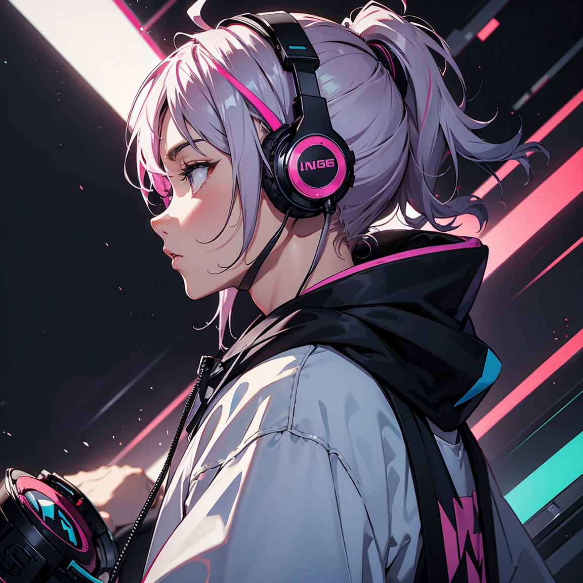 Male, profile, headphones, hoodie, vivid colors, neon, no background