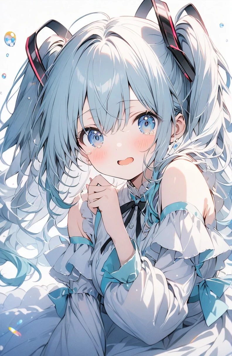 (masterpiece:1.2),(anime),、girl、cute，sweets dream, A colorful world, cute, like, Highest quality, masterpiece，【Highest quality, Tabletop】 (Gray white background:1.7)，Hatsune Miku，cry，目からtears，tears，hatsune miku