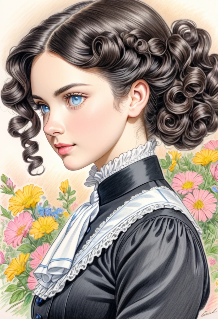 A  colored pencil drawing of a young victorian governess, curly black hair. Kind and inteligent energy.