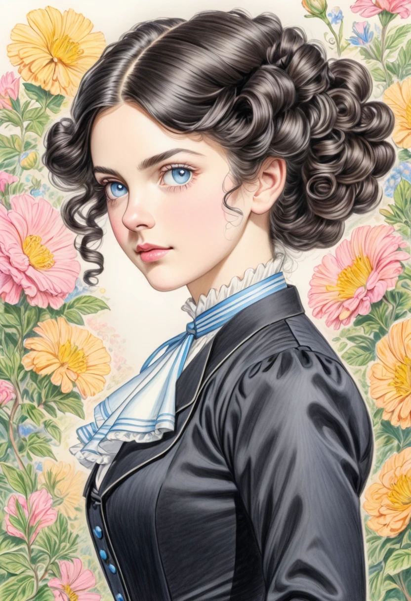 A  colored pencil drawing of a young victorian governess, curly black hair. Kind and inteligent energy.