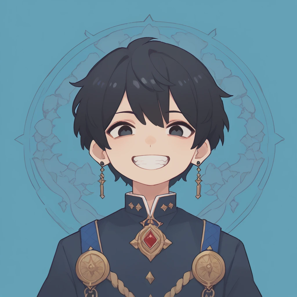 High resolution, masterpiece, accurate, amount,Short black hair 、One Man、The black　eye、Deep Blue Background、Smiling with teeth showing, 