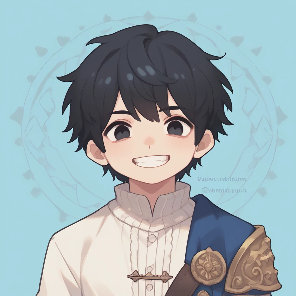 High resolution, masterpiece, accurate, amount,Short black hair 、One Man、The black eye、Deep Blue Background、Smiling with teeth showing,