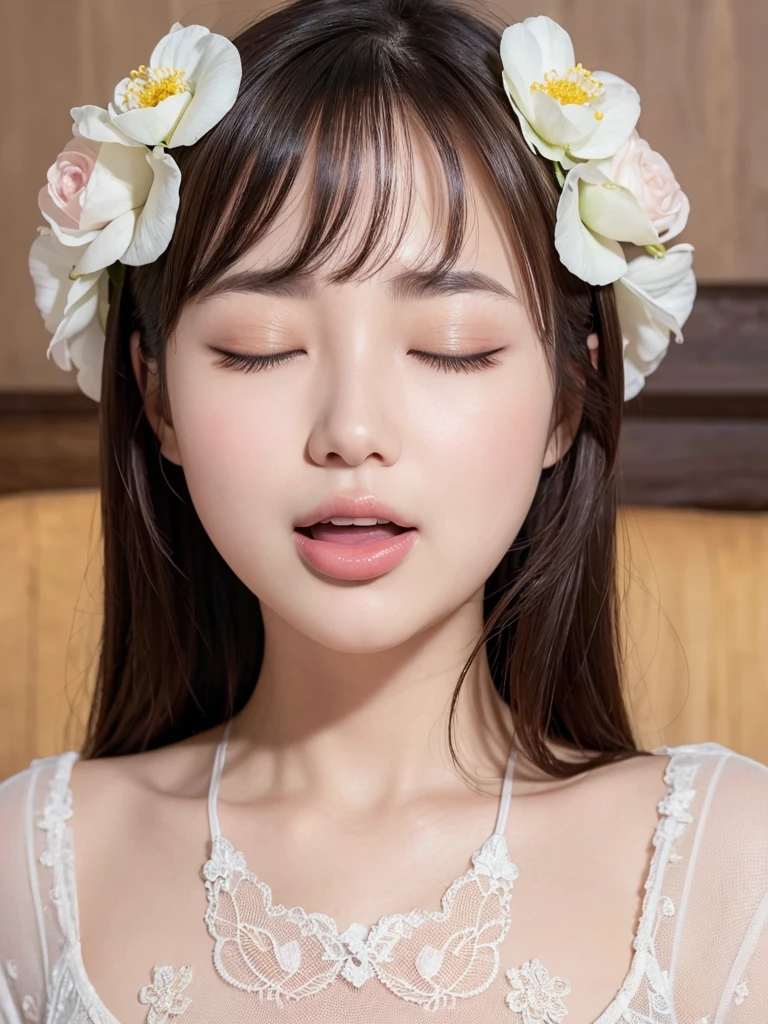Highest quality、masterpiece、8k、Very detailed、Realistic、Eyes closed、Mouth open and tongue out、I'm climaxing、whole body、Black Hair、Short Hair、Small face、Slender、Saggy big breasts、Thin and beautiful legs、narrow and constricted waist,、Completely naked、Lying on one's back on the bed、legs spread wide apart、Having sex in the missionary position、whole bodyが汗まみれ、A pussy with a dick in it、Angle of sexual intercourse