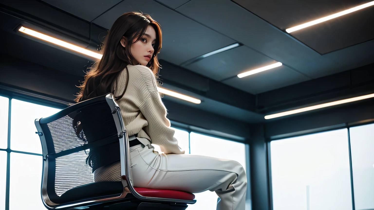 Hyper-realistic, cinematic quality images in a hyper-futuristic hospital. Hyper futuristic examination rooms with the latest technology and AI. Silver walls, hyper-futuristic, colorful and super bright lighting. Scene: Beautiful Japanese woman sitting quietly in a room with hyper futuristic, colorful, bright lighting. A beautiful Japanese woman sits quietly in a chair undergoing an examination. Main Description Appearance: Wavy brown hair, beige sweater, white pants. (back view: 1.2)