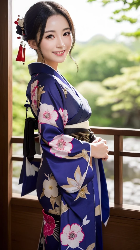 (Super beautiful woman in kimono)、((highest quality、8K masterpiece:1.3))、sharp focus:1.2、(super beautiful face:1.0)、(shiny skin:1.0)、realistic pictures、black hair、video lighting、High resolution eyes and face、video lighting、japanese actress、from the front、with a happy smile、whole body、wearing a kimono、in Kyoto、(luxury obi)、with a fan