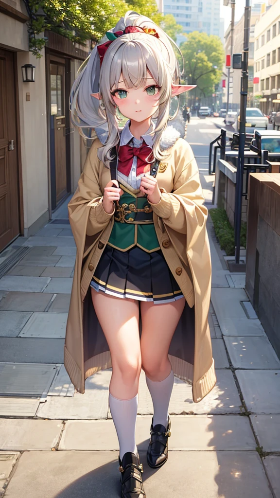 masterpiece , Best Quality,nahida(genshino impact) ,1 girl , Little mom,by the wide ,side ponytail, hair ornament , by white , green fur , hand behind head:1.5,multicolor fur, elf , pointy ears ,  , Skirt ,cardigan,path , Street,looking at the spectators