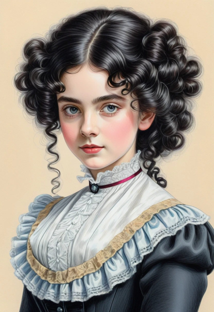 A colored pencil drawing of a young victorian governess, curly black hair. Kind and inteligent energy.
