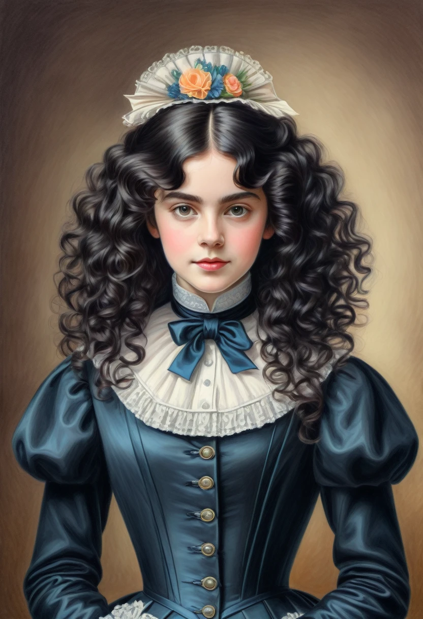 A colored pencil drawing of a young victorian governess, curly black hair. Kind and inteligent energy.
