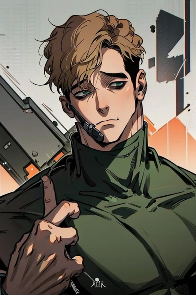 oh sangwoo, solo, cowboy shot, short hair, brown blonde hair, 1boy, male focus, black turtleneckcreate a superhero, he is strong, blond, and with a beard, his uniform is black and green, he wears gloves with the finger out, and a Captain America-style mask, but with a skull printed on it on your chest and arms