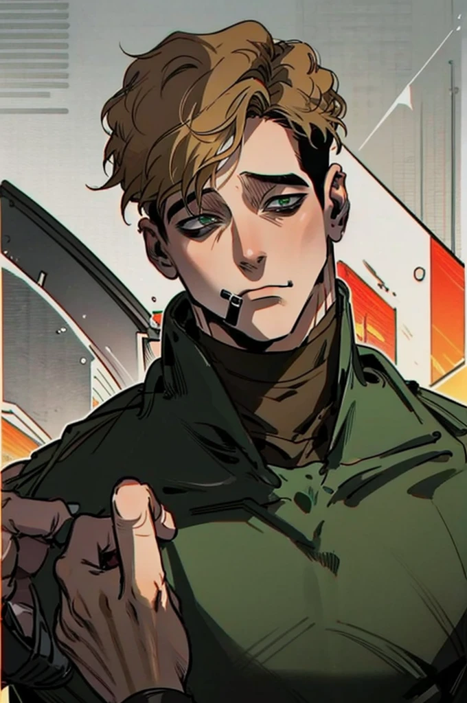 oh sangwoo, solo, cowboy shot, short hair, brown blonde hair, 1boy, male focus, black turtleneckcreate a superhero, he is strong, blond, and with a beard, his uniform is black and green, he wears gloves with the finger out, and a Captain America-style mask, but with a skull printed on it on your chest and arms