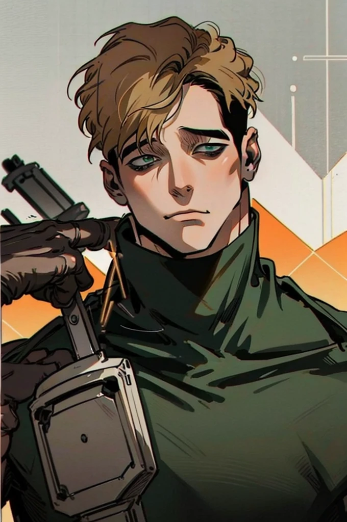 oh sangwoo, solo, cowboy shot, short hair, brown blonde hair, 1boy, male focus, black turtleneckcreate a superhero, he is strong, blond, and with a beard, his uniform is black and green, he wears gloves with the finger out, and a Captain America-style mask, but with a skull printed on it on your chest and arms