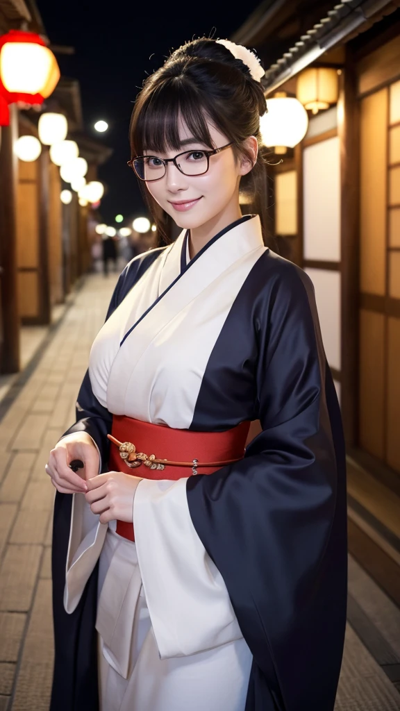 (Super beautiful woman in kimono)、((highest quality、8K masterpiece:1.3))、sharp focus:1.2、(super beautiful face:1.0)、(shiny skin:1.0)、realistic pictures、black hair、video lighting、High resolution eyes and face、video lighting、japanese actress、from the front、big breasts、with a happy smile、Slender abs beauty、whole body、wearing a kimono、in Kyoto、(((luxury obi)))、In Kyoto at night、wearing glasses with no edge、with a fan