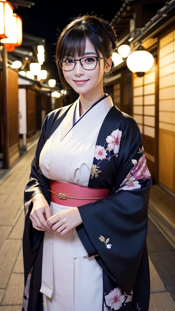 (Super beautiful woman in kimono)、((highest quality、8K masterpiece:1.3))、sharp focus:1.2、(super beautiful face:1.0)、(shiny skin:1.0)、realistic pictures、black hair、video lighting、High resolution eyes and face、video lighting、japanese actress、from the front、big breasts、with a happy smile、Slender abs beauty、whole body、wearing a kimono、in Kyoto、(((luxury obi)))、In Kyoto at night、wearing glasses with no edge、with a fan