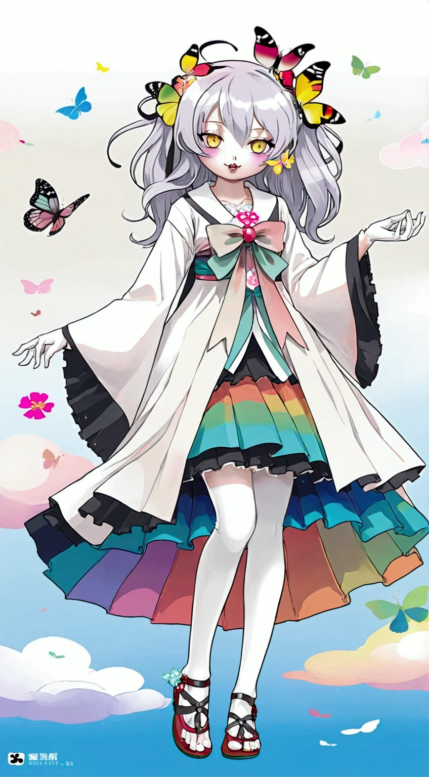 Name:Lucky Girl 16 Years Old 1.66m white hair long hair,Fa Ka is a word consisting of two sixes.,The pupil is a white square,Iris is a color gradient。The two ears are hung with small pendants, which are six-sided and six-shaped.。There are six small ribbons on the middle.。The clothes are white and pink kimono short skirt pink Gothic Lolita clothes,Black butterfly-shaped ribbon tied on the chest。The left length of the white silk stockings just reaches under the skirt,Rainbow leg ring on left leg。
Two skeletons。
