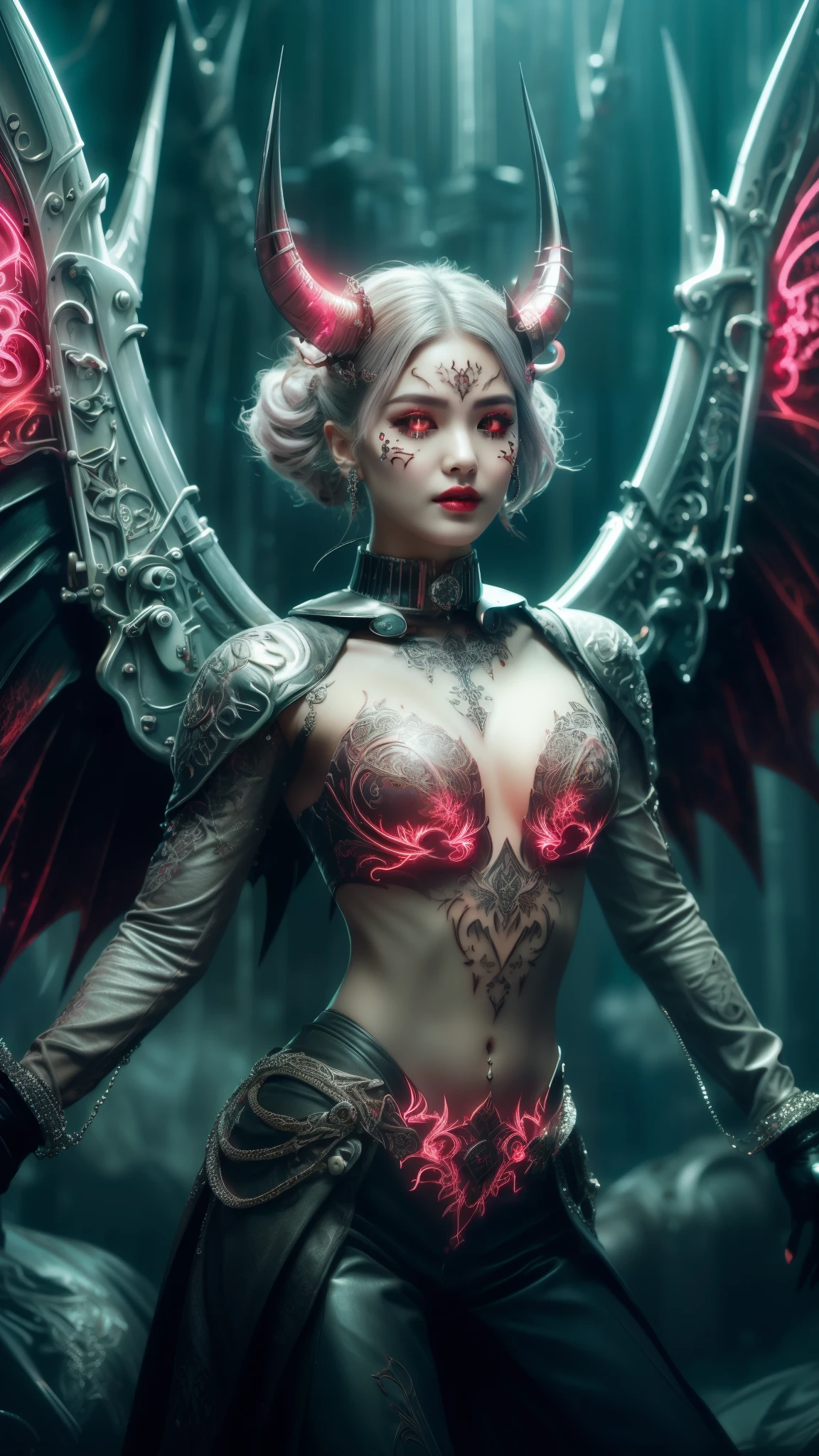 Cute Japanese female, (), (Very cute face: 1.3), Red lips, White moist skin, Melancholic expression,
BREAK,
(Beautiful belly button), (White skin),
BREAK,
Female superior ancient strigoi vampire, Horror, Angel wings, Black wings, Red jewelry, (Large wings: 1.4), Satan, (Hellfire:1.2),Full body,Demon,(Flame:1.2),(Rhinestones),(Horns growing from head),
BREAK,
(Medium hair),(Bangs:1.2),(Gray-pink hair:1.3),(Wavy hair),(Umbrella collar:1.4),
BREAK,
(Very large machine gun:1.4),(Holding machine gun:1.3),(Fighting:1.2),(Getting into fighting position),(Firing machine gun:1.2)
BREAK,
(Facial tattoo:1.4),(Rhinestones on face:1.4),
BREAK,
Excellent, Perfect lighting, Ultra-high resolution, 8K, (Highly detailed:1.4), (Front view), Looking at camera,(Full body),(Geometric),(Symmetrical),
BREAK,
(Neon lights:1.2),