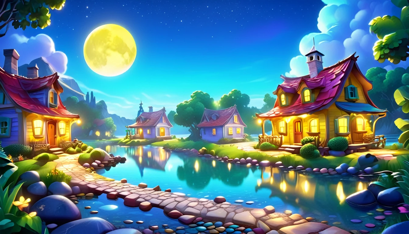 A beautiful calm and peaceful lagoon that reflects the brightness of the stars and moonlight, the stars and the moon have a yellow hue in a starry sky at the bottom of the lagoon cutting horizontally through the landscape we see a little road made of shiny pebbles that passes in front of the little house of a farm. disney pixar style