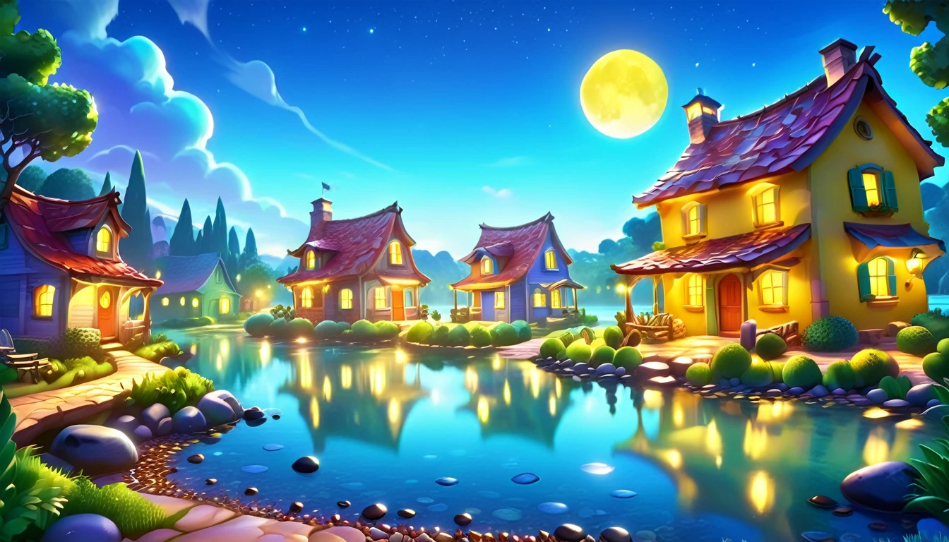 A beautiful calm and peaceful lagoon that reflects the brightness of the stars and moonlight, the stars and the moon have a yellow hue in a starry sky at the bottom of the lagoon cutting horizontally through the landscape we see a little road made of shiny pebbles that passes in front of the little house of a farm. disney pixar style