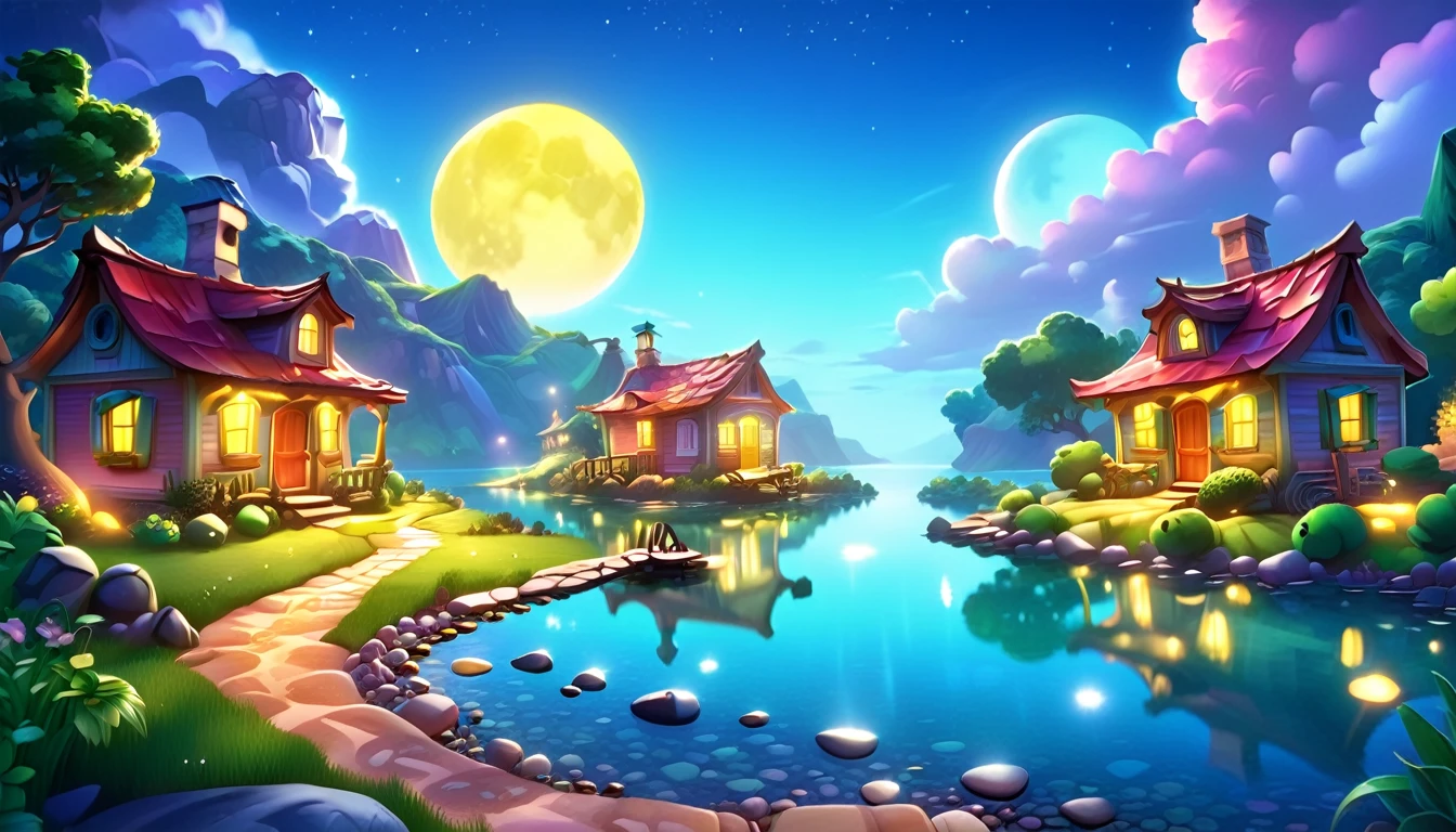 A beautiful calm and peaceful lagoon that reflects the brightness of the stars and moonlight, the stars and the moon have a yellow hue in a starry sky at the bottom of the lagoon cutting horizontally through the landscape we see a little road made of shiny pebbles that passes in front of the little house of a farm. disney pixar style