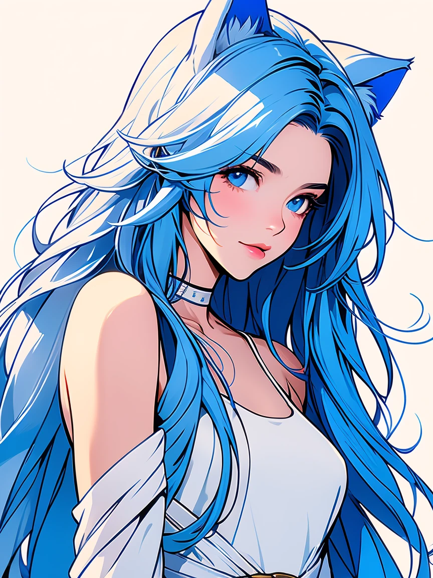 {{masterpiece}},{{highest quality}},enlightenment,1 perfect portrait of a girl, Colorful hair, (blue+white soft hair:1.6), blue eyes,(Cat ears:1.3),Long and slim body type, Fantasy blue background, exposed bare shoulders, long-term alienation_sleeve, {lean forward a little},{shy}, head tilt,{small breasts} ,movie lighting,oversized clothes