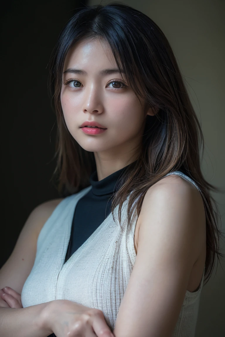 (Highest quality:1.4),(masterpiece:1.4),(Realistic:1.4),(Realistic:1.2),(超High resolution, RAW Photos:1.4),(High resolution, Ultra-detailed:1.2),(8k:1.2),Cinematic photography,a photo of a dark-haired,One girl,alone,wear ,((Japanese female warrior))、((Upper Body:1.3))、Raise your arms to show your sides、((Raise your arms to show your sides))
