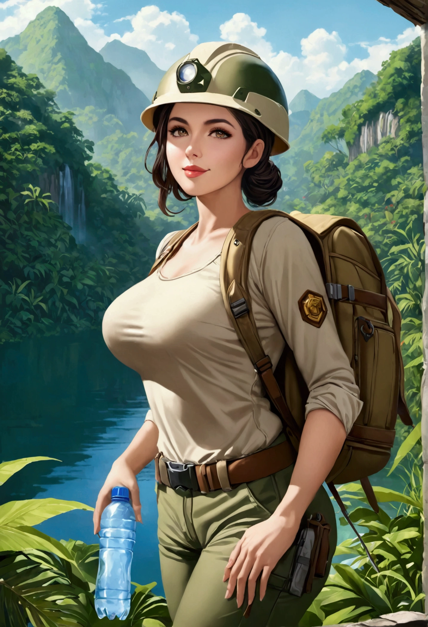 RAW, Best quality, high resolution, masterpiece: 1.3), Elegant MILF on Jungle Adventure (iu:0.8), Best quality, high resolution, Masterpiece: 1.3, Alluring Mature Woman, Masterpiece, Confident Smile, Realistic, 1woman, Mesmerizing Eyes, Radiant Eyes, Parted Lips, Elegant MILF, Full-length, Captivating Figure, Aesthetics of the Female Body, Jungle Explorer, Embarking on Adventure, Wearing Long Sleeve Shirts, Long Pants, Protective Helmet, Backpack, Water bottle, Mountain sword, big breasts, giga_busty, photo, photorealistic,