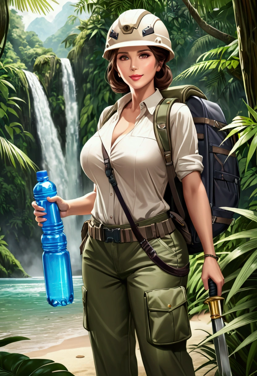 RAW, Best quality, high resolution, masterpiece: 1.3), Elegant MILF on Jungle Adventure (iu:0.8), Best quality, high resolution, Masterpiece: 1.3, Alluring Mature Woman, Masterpiece, Confident Smile, Realistic, 1woman, Mesmerizing Eyes, Radiant Eyes, Parted Lips, Elegant MILF, Full-length, Captivating Figure, Aesthetics of the Female Body, Jungle Explorer, Embarking on Adventure, Wearing Long Sleeve Shirts, Long Pants, Protective Helmet, Backpack, Water bottle, Mountain sword, big breasts, giga_busty, photo, photorealistic,