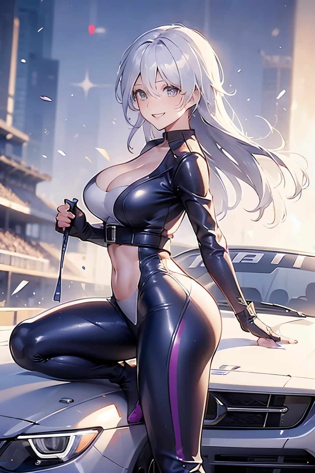 (best quality,highres),Tess Darret,Pole Position,holding a race helmet in hands,standing inside of her race car,smiling,anime style,bright colors,dynamic lighting,shiny finish,energetic pose,attention to detail,sparkling eyes,long flowing hair,wearing a racing suit,checkered flag pattern on the car,exciting atmosphere,vivid expressions