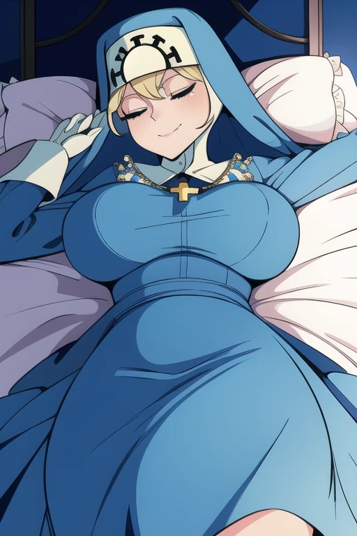 Double, short blonde hair, medium breasts, solo, 1girl, smiling, cowboy shot, closed eyes, 
 blue habit, cross necklace ,white gloves, long sleeves, nun, long skirt
(insanely detailed, beautiful detailed face,beautiful detailed eyes, masterpiece, best quality) room, bedroom, sexy pose, bed, lying down, butt 