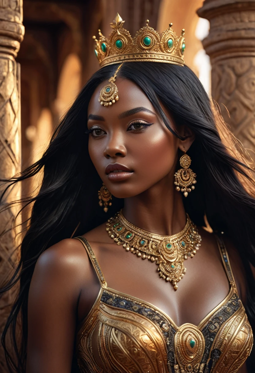 Novel in futurist kingdom of Mali, a beautiful young darkskin couple with (((a long black hair young queen))) with (((a young imperial king with long black hair))), fighting with energetic powers, (((very beautiful))), perfect faces, whole body, romantic scene, romantic Way, sexy couple, 8K, extremely detailed, (high quality, realistic, photorealistic: 1.37), Full body, ideal proportions and defined complexion, meticulously crafted features, unreachable beauty, perfection, artistic masterpieces, vivid realism, hyper-detailed sculptures, life-like forms, truly awe-inspiring, impeccable craftsmanship, pure radiance, ethereal beauty, delicate contours, striking poses, sublime beauty, subtle nuances, dynamic compositions, vibrant colors, perfect lighting, soulful expressions, celestial aura, majestic presence, dreamlike atmosphere, unmatched gdetailed octane render trending on artstation, 8 k artistic photography, photorealistic concept art, soft natural volumetric cinematic perfect light, chiaroscuro, award - winning photograph, masterpiece, oil on canvas, beautiful detailed intricate insanely