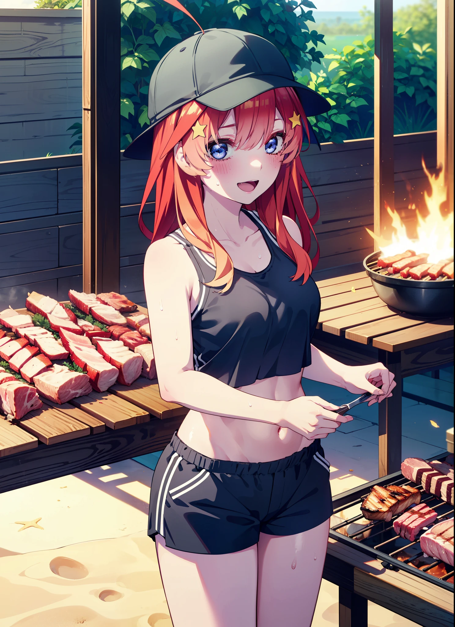 itsukinakano, Itsuki Nakano, bangs, blue eyes, Hair between the eyes, Ahoge, Redhead, star \(symbol\), hair ornaments, star hair ornaments,Baseball hats,happy smile, smile, Open your mouth,Red Tank Top,Belly button,Shorts,barefoot,Sweat,Beach,barbecue,cooking,Grilled meat,barbecue,Grilling meat,eating meat,Grilled meat,Palm tree,True Summer,Daytime,Clear skies,
break indoors, Beach,Sandy Beach,
break looking at viewer, (Cowboy Shot:1.5),
break (masterpiece:1.2), Highest quality, High resolution, unity 8k wallpaper, (figure:0.8), (Beautiful attention to detail:1.6), Highly detailed face, Perfect lighting, Highly detailed CG, (Perfect hands, Perfect Anatomy),