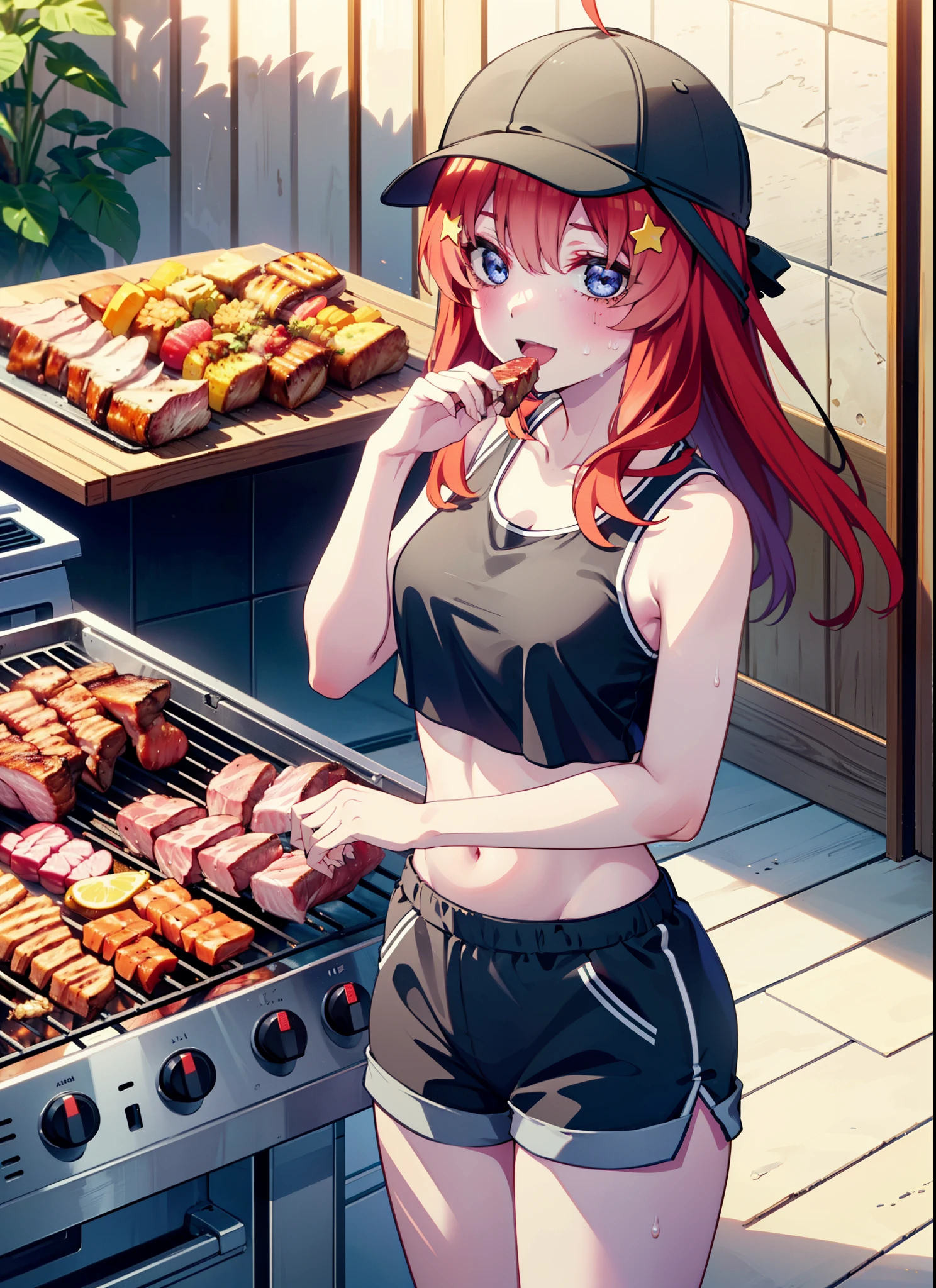 itsukinakano, Itsuki Nakano, bangs, blue eyes, Hair between the eyes, Ahoge, Redhead, star \(symbol\), hair ornaments, star hair ornaments,Baseball hats,happy smile, smile, Open your mouth,Red Tank Top,Belly button,Shorts,barefoot,Sweat,Beach,barbecue,cooking,Grilled meat,barbecue,Grilling meat,eating meat,Grilled meat,Palm tree,True Summer,Daytime,Clear skies,
break indoors, Beach,Sandy Beach,
break looking at viewer, (Cowboy Shot:1.5),
break (masterpiece:1.2), Highest quality, High resolution, unity 8k wallpaper, (figure:0.8), (Beautiful attention to detail:1.6), Highly detailed face, Perfect lighting, Highly detailed CG, (Perfect hands, Perfect Anatomy),