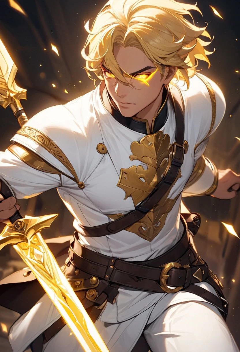 naughty man, warrior, Mediovale, wearing thick white clothes, blondie hair, shorth hair, Glowing gold Eyes, leather cover