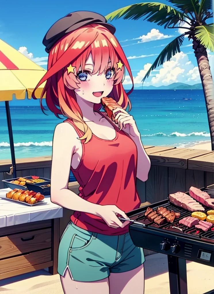 itsukinakano, Itsuki Nakano, bangs, blue eyes, Hair between the eyes, Redhead, star \(symbol\), hair ornaments, star hair ornaments,Baseball hats,happy smile, smile, Open your mouth,Red Tank Top,Belly button,Shorts,barefoot,Sweat,Beach,barbecue,cooking,Grilled meat,barbecue,Grilling meat,eating meat,Grilled meat,Palm tree,True Summer,Daytime,Clear skies,
break indoors, Beach,Sandy Beach,
break looking at viewer, (Cowboy Shot:1.5),
break (masterpiece:1.2), Highest quality, High resolution, unity 8k wallpaper, (figure:0.8), (Beautiful attention to detail:1.6), Highly detailed face, Perfect lighting, Highly detailed CG, (Perfect hands, Perfect Anatomy),