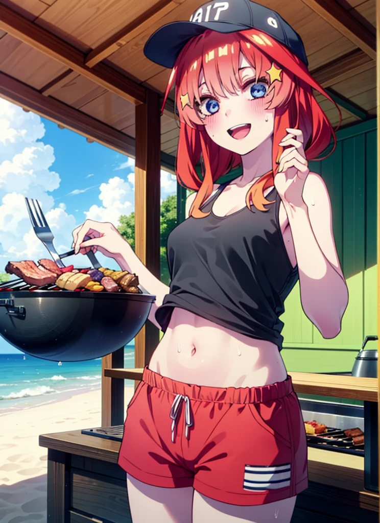 itsukinakano, Itsuki Nakano, bangs, blue eyes, Hair between the eyes, Redhead, star \(symbol\), hair ornaments, star hair ornaments,Baseball hats,happy smile, smile, Open your mouth,Red Tank Top,Belly button,Shorts,barefoot,Sweat,Beach,barbecue,cooking,Grilled meat,barbecue,Grilling meat,eating meat,Grilled meat,Palm tree,True Summer,Daytime,Clear skies,
break indoors, Beach,Sandy Beach,
break looking at viewer, (Cowboy Shot:1.5),
break (masterpiece:1.2), Highest quality, High resolution, unity 8k wallpaper, (figure:0.8), (Beautiful attention to detail:1.6), Highly detailed face, Perfect lighting, Highly detailed CG, (Perfect hands, Perfect Anatomy),