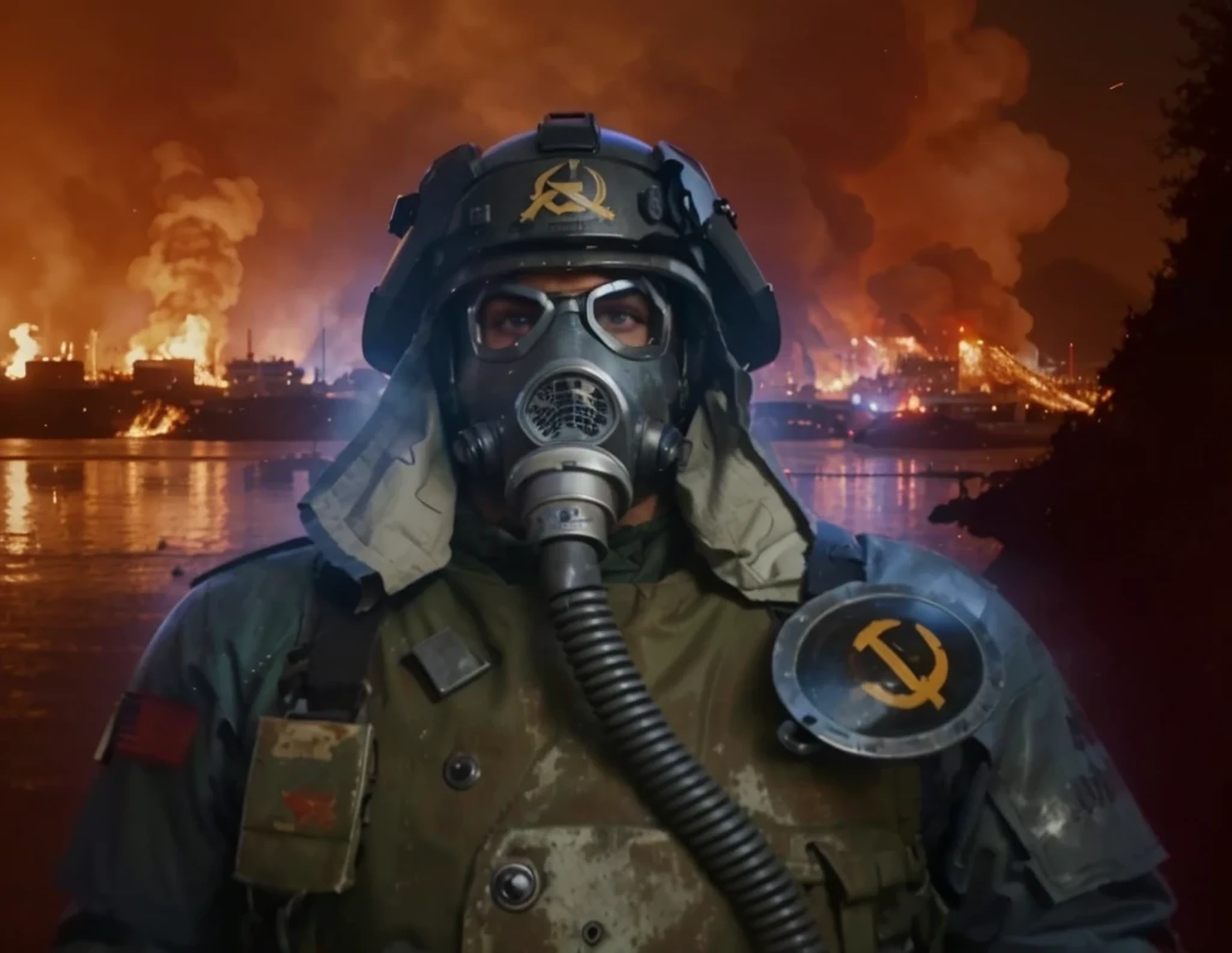 Male soldier, gas mask completely covers his face, tank pilor cap, light brown metal chest, dark brown uniform, metal shoulder metal pads, communicator, rubber tube, is in a totally destroyed city, epic , Fire, smoke, 4k, Ultra detailed image, realistic, Highly detailed, perfect composition, splendid, Intricately detailed, Incredibly detailed, 8 k artistic photography, hyper detailed, Masterpiece