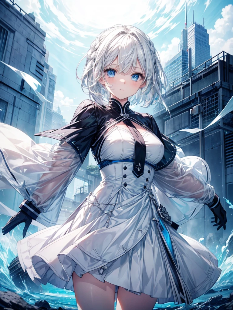(Top Quality figure),(((Top quality))), short braided hair, short hair ,sky blue eyes,she has beautiful eyes,white hair, her outfit is monochrome, gentle smile, She is considered to be very beautiful, imagenery island, beautiful storm ,run under blue sky, strom spring, kawai attention, piece pose, cool style