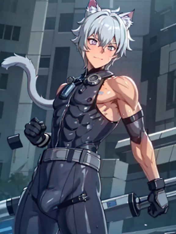 ((Fine details)), Best Shadow,Cinema Lighting,Highest quality,((Very detailed)) masterpiece Embarrassing Gray Hair Electricity began get wet Big eyes thin The suit was torn Upper body naked sweating Delicate body Corruption High saturation Muscular young man Ryona torture Skin is visible in places shout View from below Femboy Light hits the skin Baby Face Fallen Lie Mind control the body is slim Cat ear shout Enduring pain Crotch belt erection Wet ground Thick tail large delicate eyes Side view The whole picture is visible Raising his arms Feeling embarrassed blush