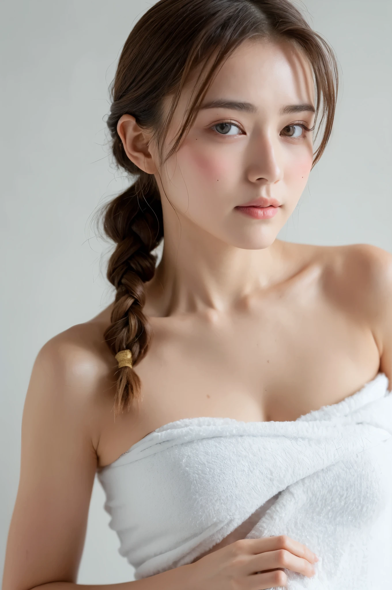 ((Highest quality, 8k, masterpiece :1.3)), One girl, Beautiful woman with slim abdominal muscles :1.3, (Random Hairstyles, Huge breasts :1.2), Bath towel wrapped around upper body :1.2,  Highly detailed face, Fine grain, double eyelid、Japanese women