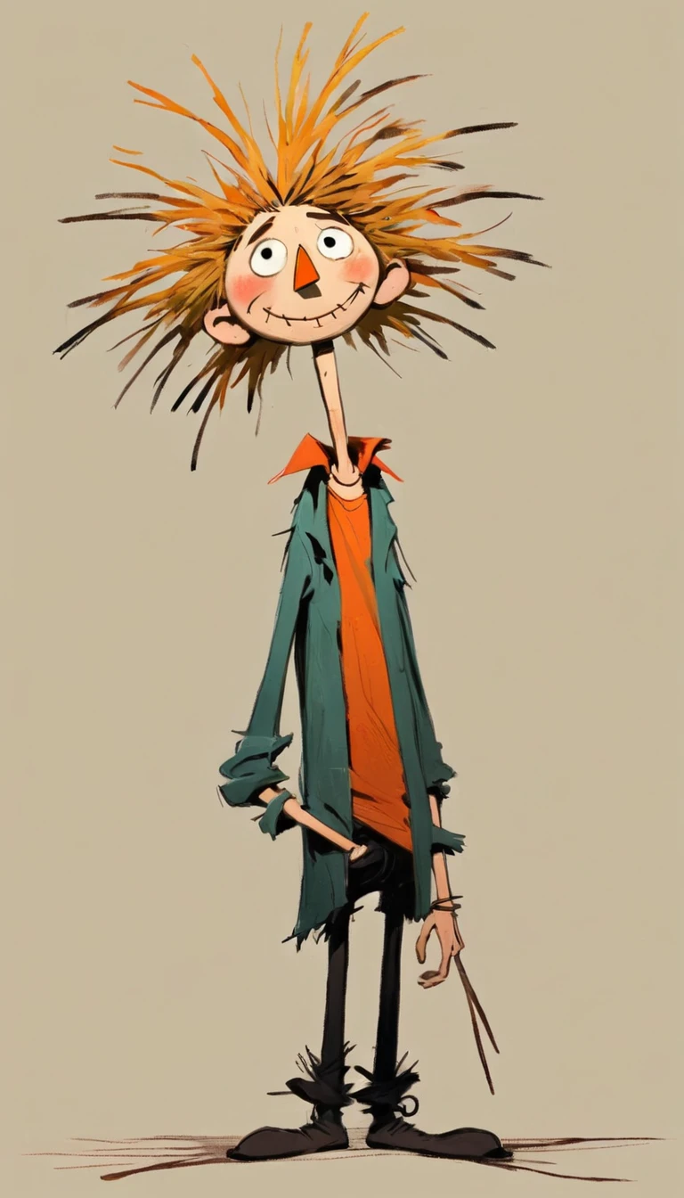 (((Exaggerated digital character sketches:1.37，Matchstick Men))).(1 Scarecrow，(Exaggerated expression,Exaggerated hairstyle)，Messy hair)，(Black sketch lines，Loose brushstrokes create the outline，Cartoon Style. Bright colors and simplified lines, sketch)。(Exaggerated body movements，),(Large area of blank）