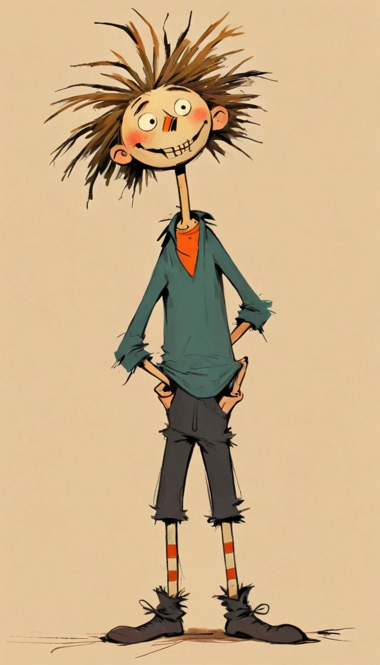 (((Exaggerated digital character sketches:1.37，Matchstick Men))).(1 Scarecrow，(Exaggerated expression,Exaggerated hairstyle)，Messy hair)，(Black sketch lines，Loose brushstrokes create the outline，Cartoon Style. Bright colors and simplified lines, sketch)。(Exaggerated body movements，),(Large area of blank）