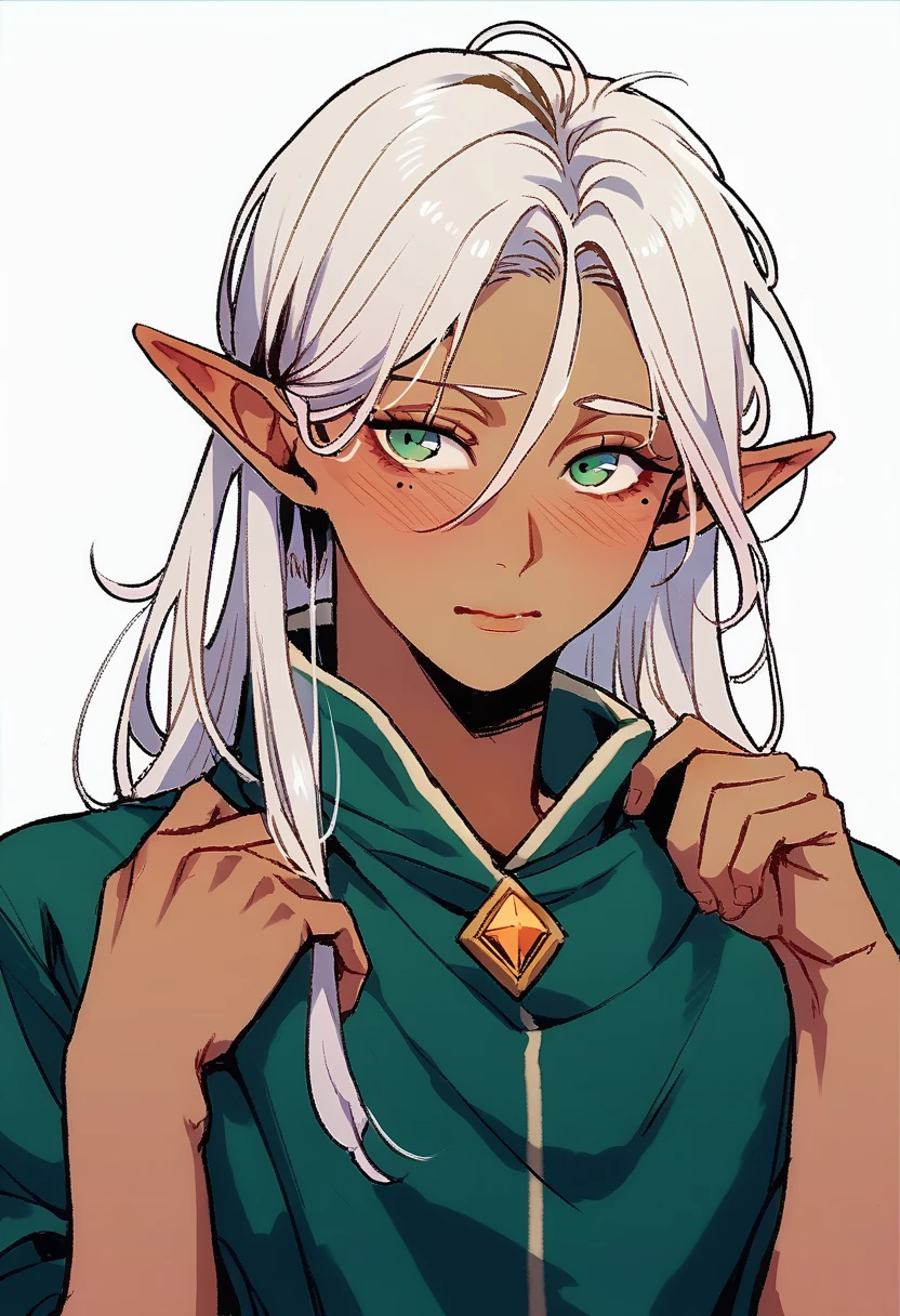 femboy, shy, messy hair, beauty marks, verry tanned, long hair, white hair, green eyes, fantasy clothing, elf ears.