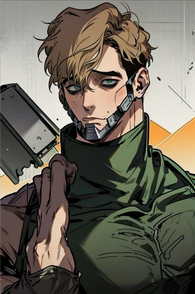 , short hair, brown blonde hair, 1boy, male focus, black turtleneckcreate a superhero, he is strong, blond, and with a beard, his uniform is black and green, he wears gloves with the finger out, and a Captain America-style mask, but with a skull printed on it on your chest and arms